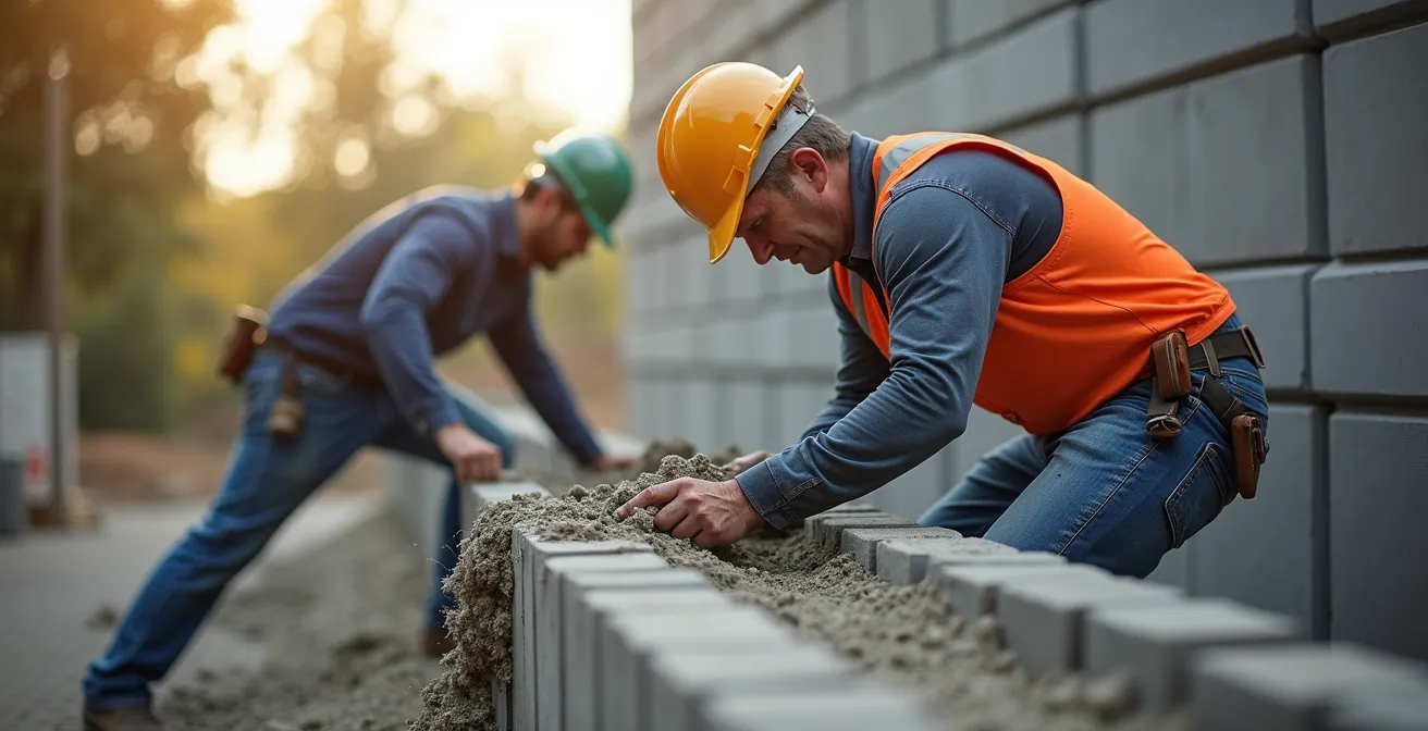 Maçon alternant entre différentes postures de travail sur chantier