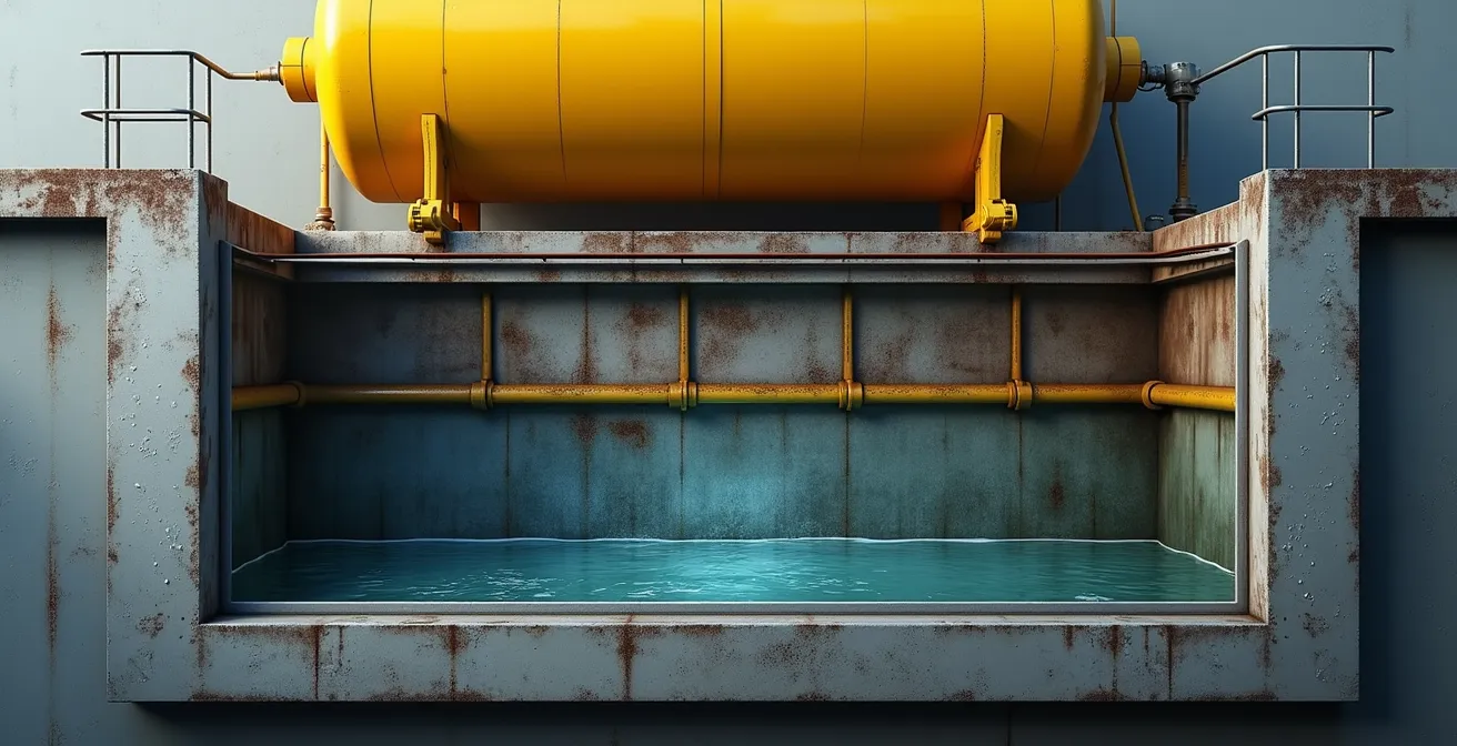 Vue en coupe d'un bac de rétention métallique sous une cuve montrant le système de drainage