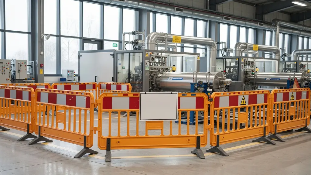 Barrière extensible orange déployée autour d'une zone de maintenance dans une installation industrielle