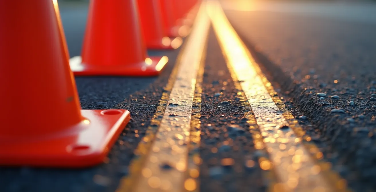 Vue aérienne d'un biseau de rabattement correctement installé avec cônes et balises K16