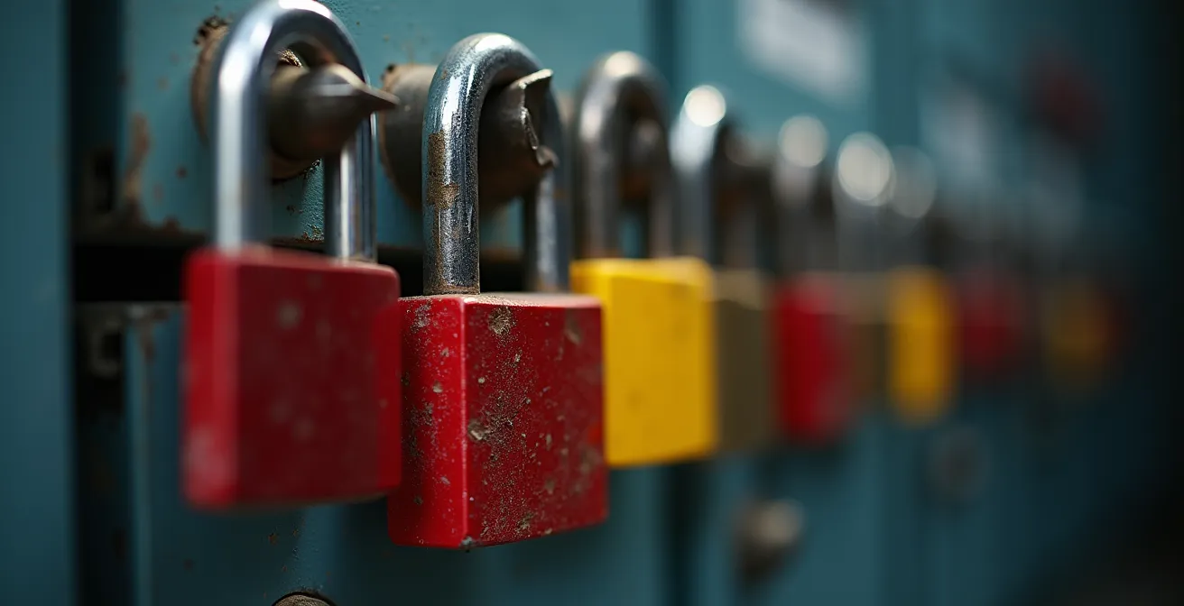 Vue détaillée d'un système de cadenas de consignation multiple sur tableau électrique