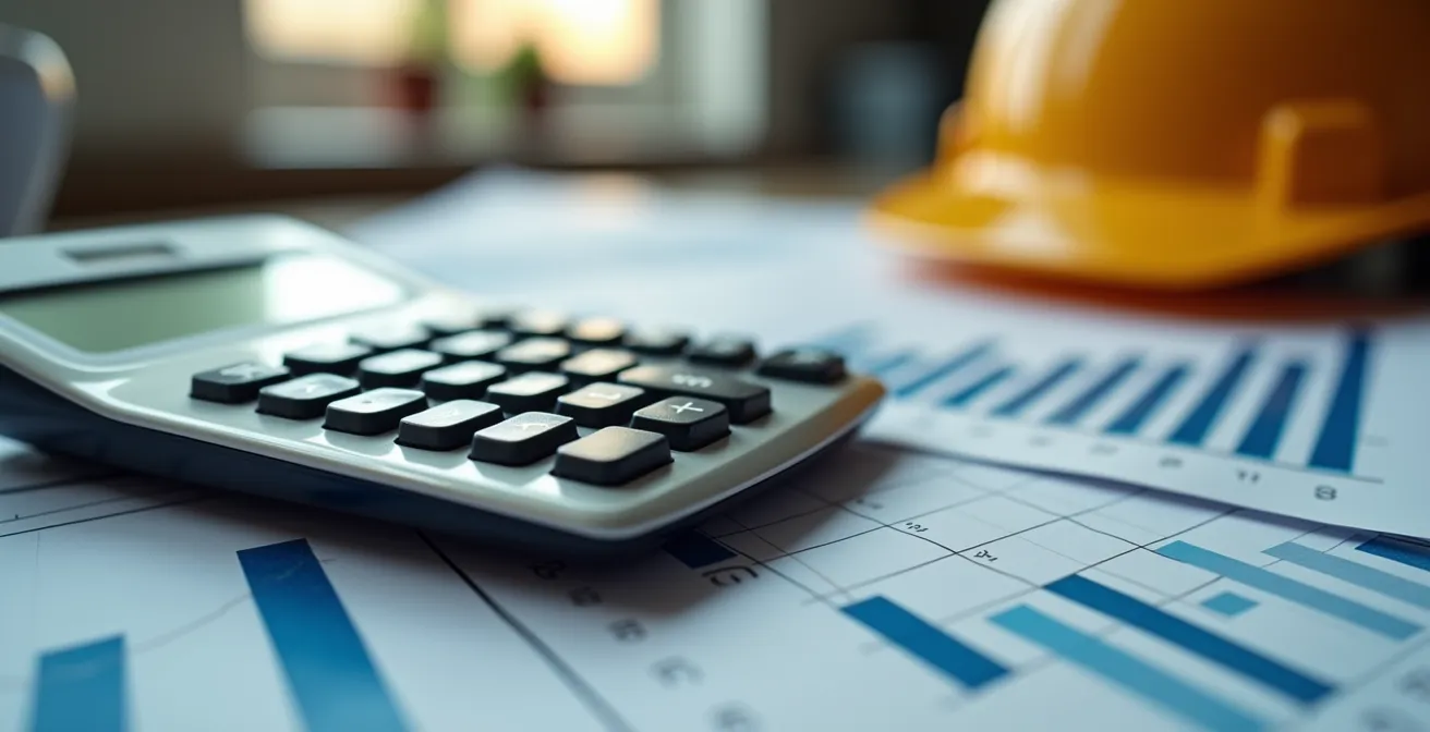 Calculatrice et documents financiers avec graphique descendant du taux de cotisation et équipements de sécurité