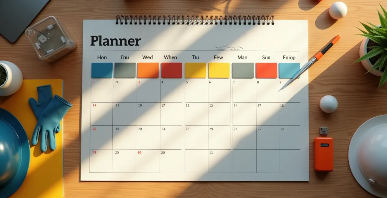 Vue aérienne minimaliste d'un bureau avec calendrier annuel et équipements de sécurité disposés selon les saisons