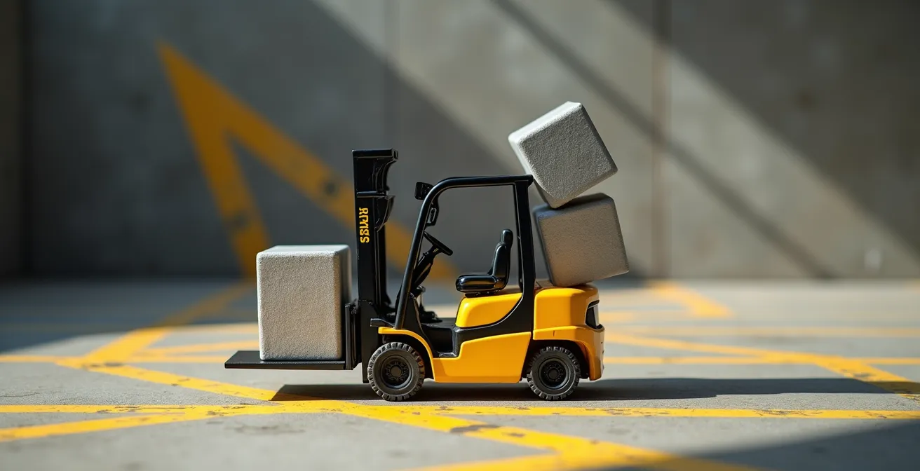 Représentation visuelle du déplacement du centre de gravité d'un chariot élévateur lors d'un virage avec charge en hauteur