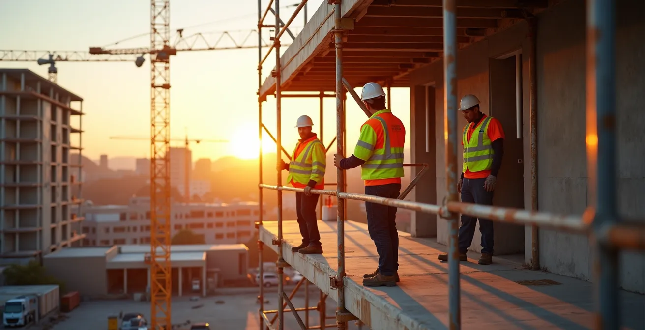 Vue d'ensemble d'un chantier avec échafaudage MDS et équipements de sécurité modernes