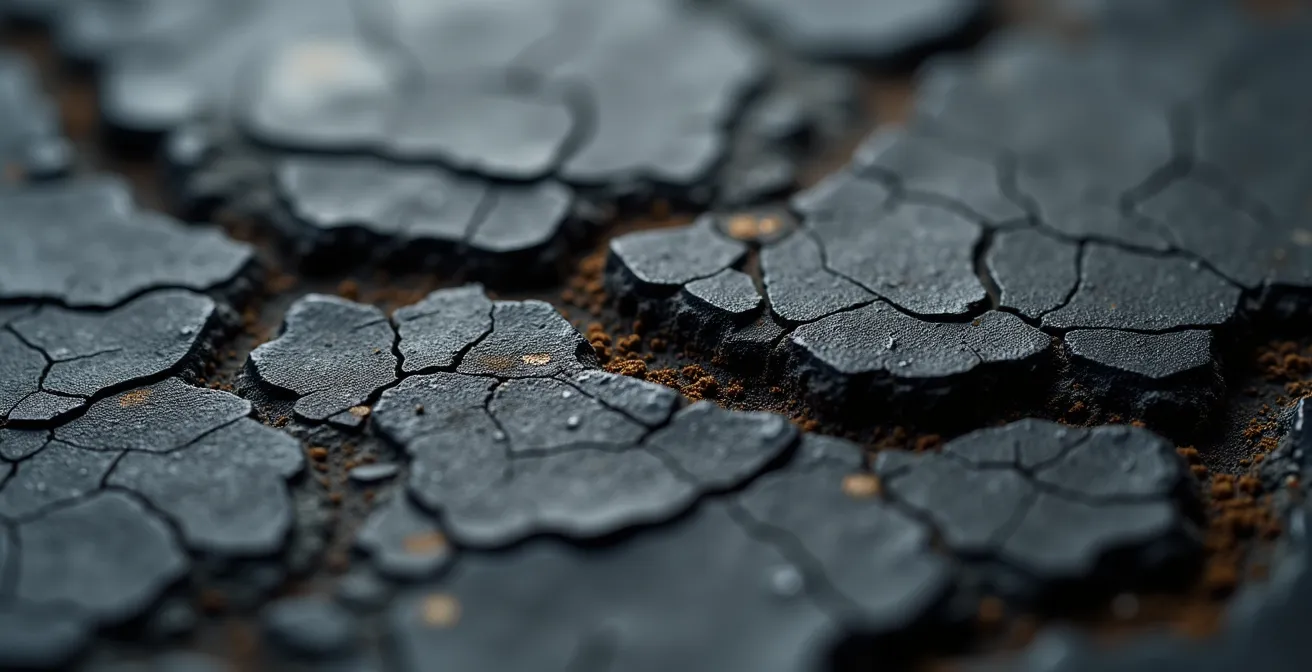 Vue macro d'une colle de carrelage noire bitumineuse contenant potentiellement de l'amiante