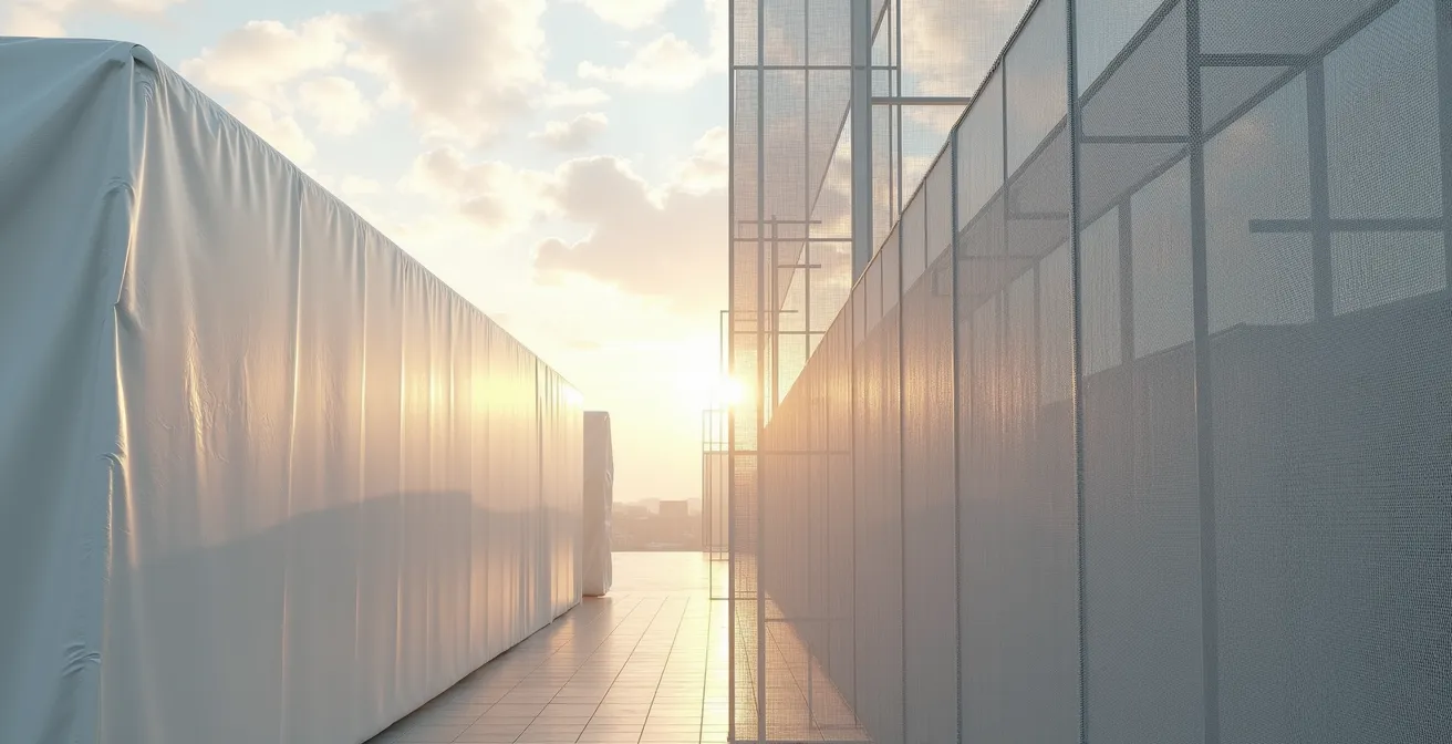 Comparaison visuelle entre une bâche thermorétractable et un filet micro-maille sur échafaudage