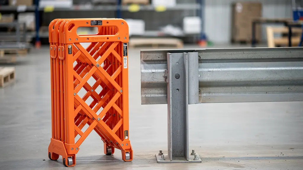 Barrière extensible repliée comparée à un garde-corps rigide dans un entrepôt professionnel