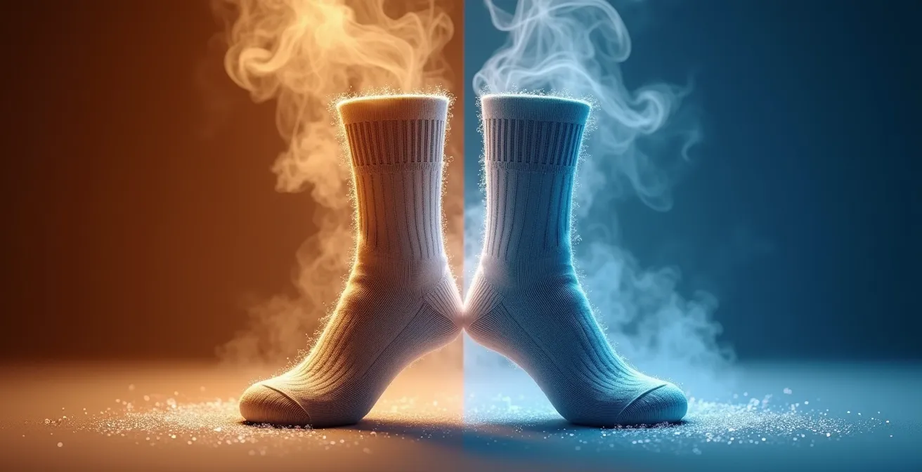 Vue thermographique comparative de pieds avec chaussettes sèches et humides