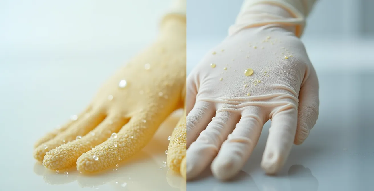 Comparaison visuelle entre enduction nitrile sablé et polyuréthane sur gants de protection