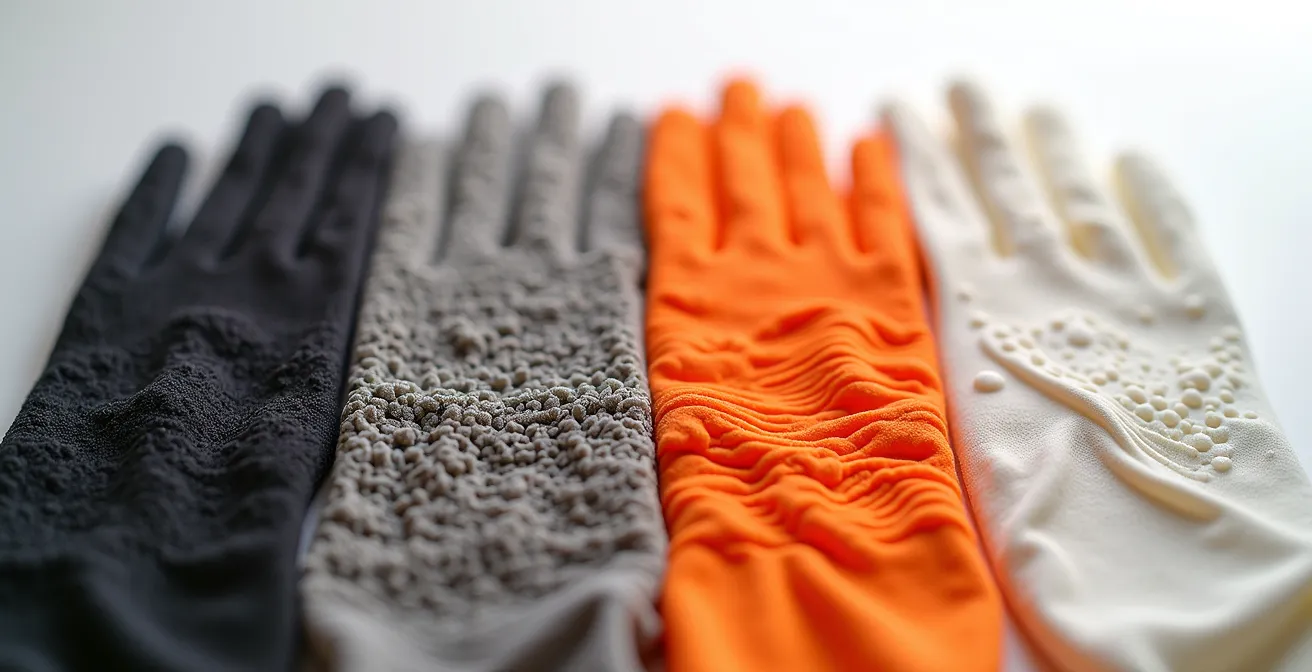 Vue macro de différents types de revêtements de gants de manutention montrant les textures variées