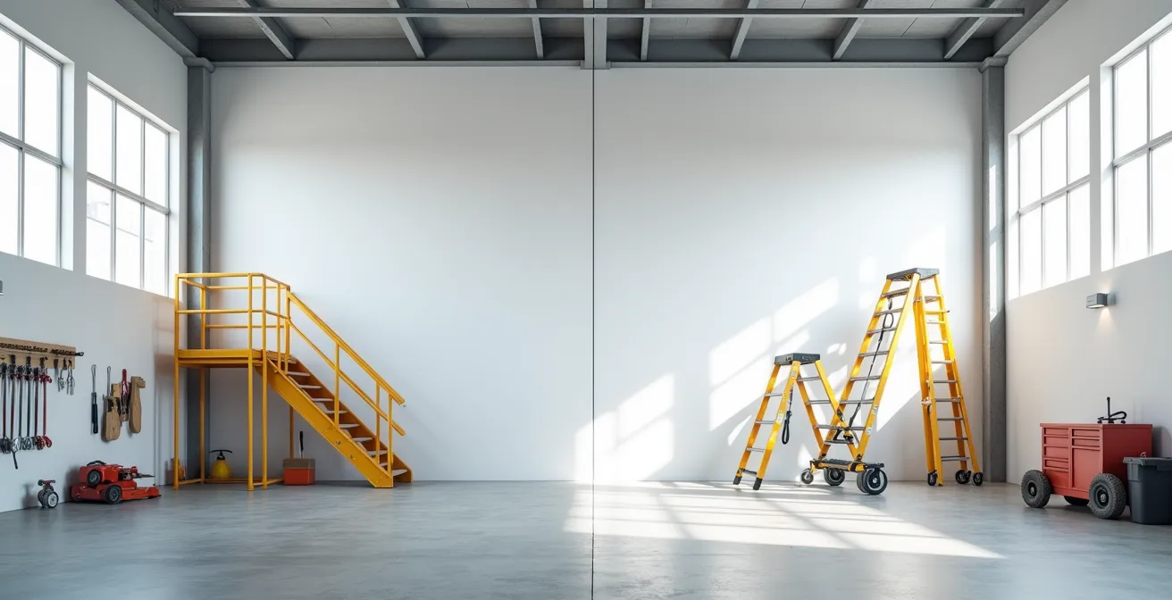 Comparaison visuelle entre une PIRL sécurisée avec garde-corps et un escabeau instable sur un chantier