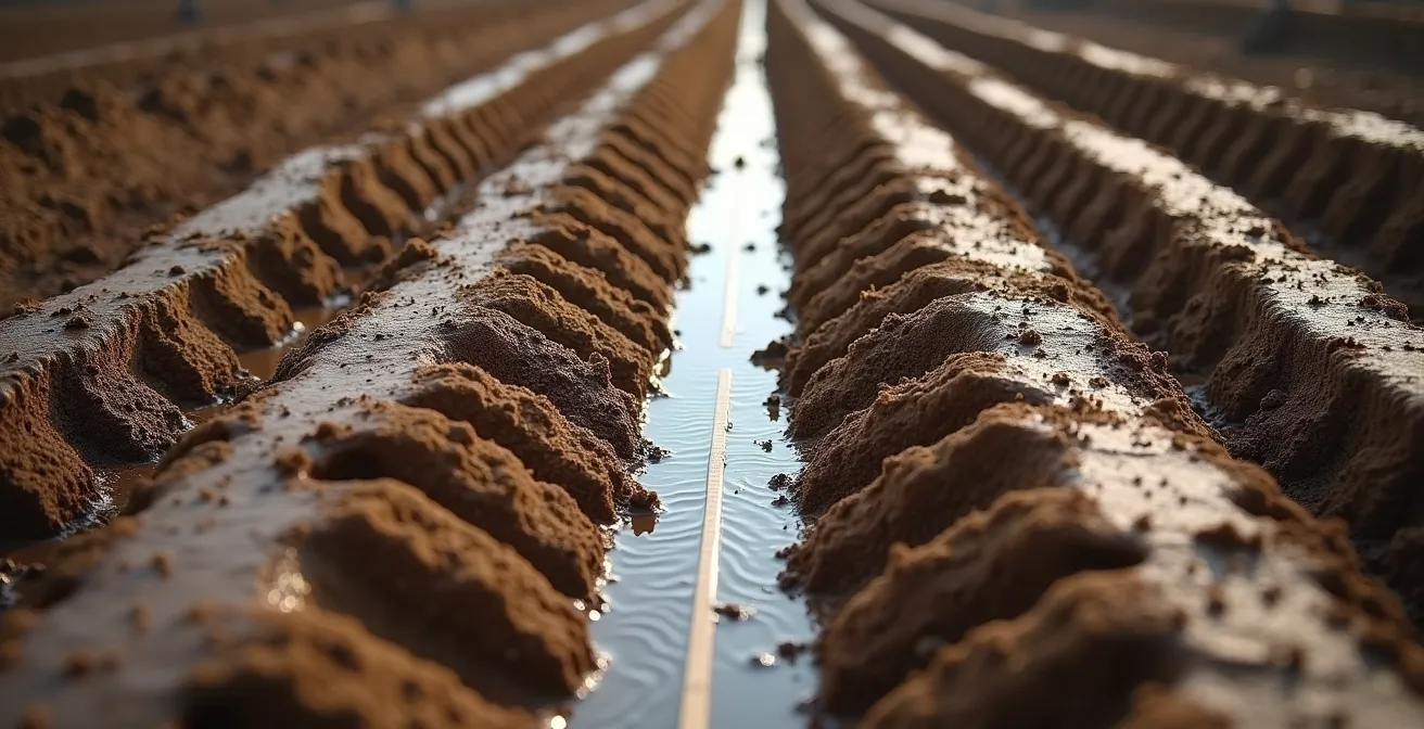 Vue comparative montrant l'empreinte au sol d'un engin à chenilles versus pneus dans la boue