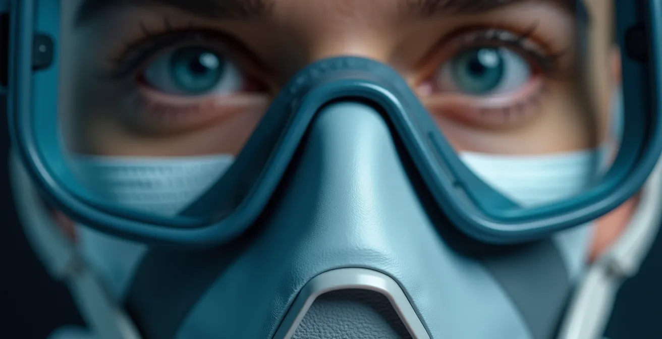 Détail macro de l'interface entre lunette-masque et respirateur au niveau du nez