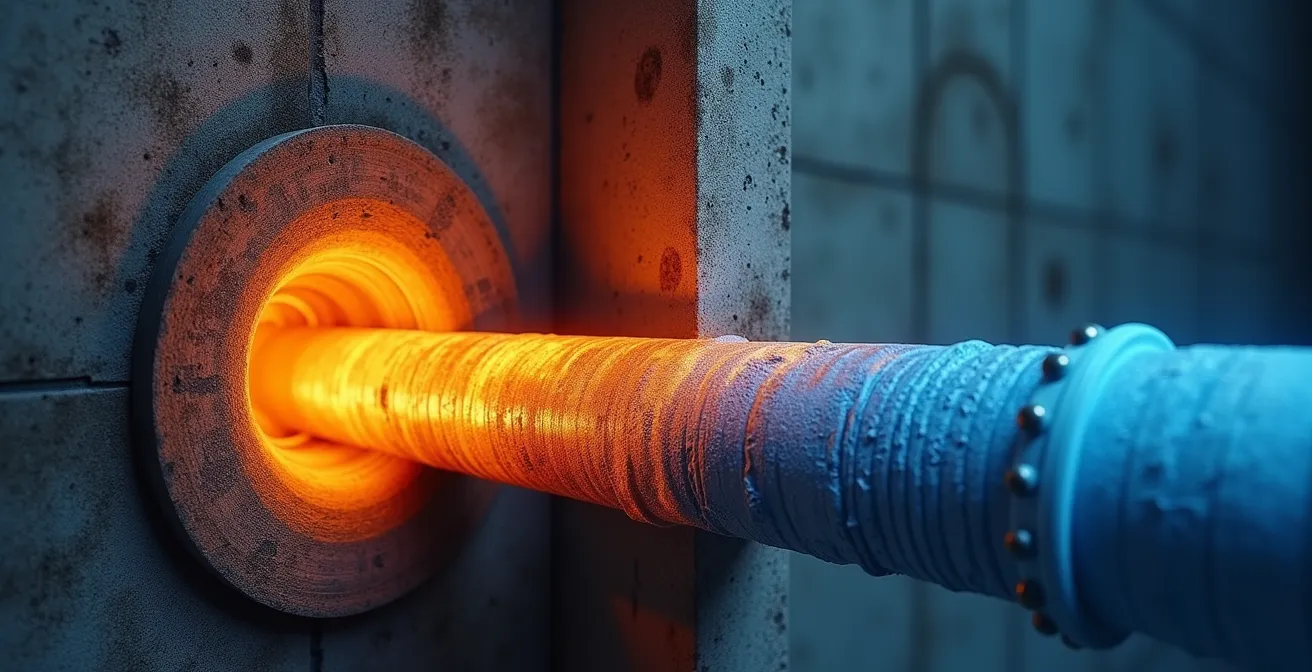 Coupe transversale d'un mur montrant une canalisation chauffée par soudure et la propagation de chaleur