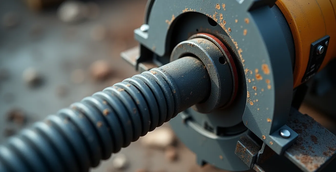 Système d'aspiration classe M connecté à une meuleuse avec carter de protection sur chantier