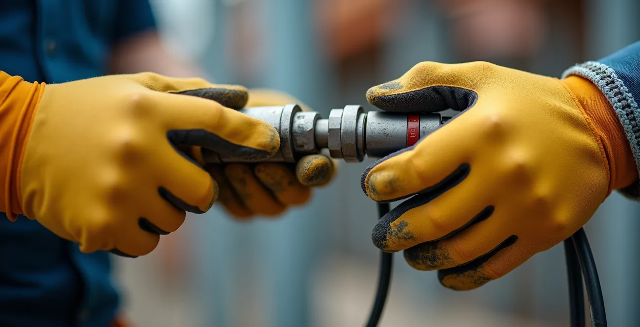 Vue macro détaillée de mains gantées manipulant des outils de chantier avec effet de profondeur de champ