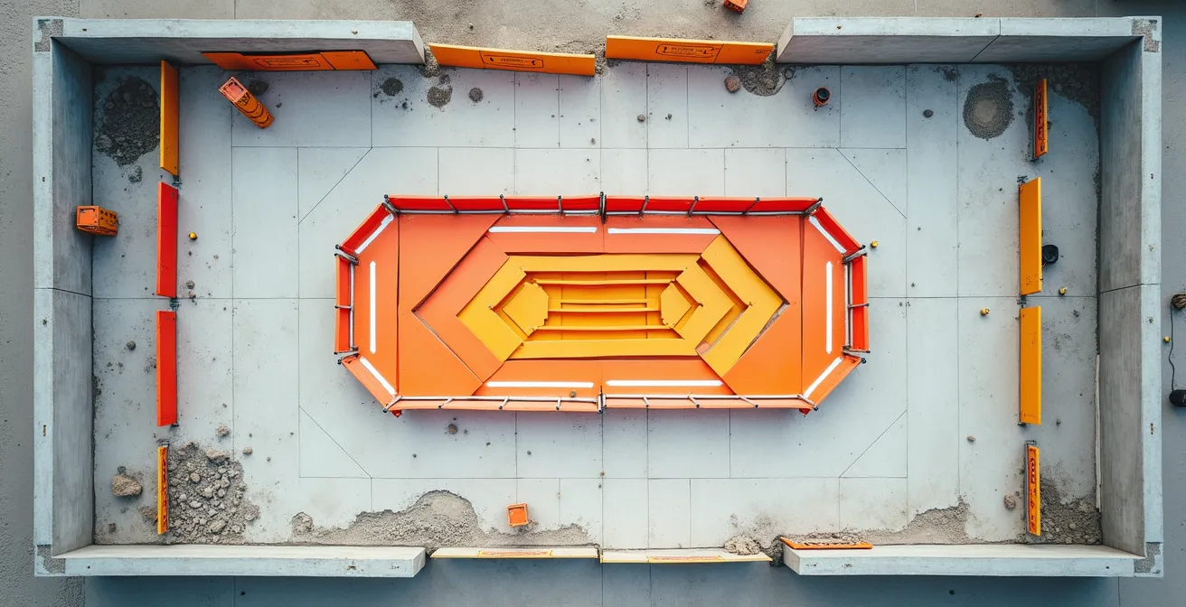 Vue aérienne minimaliste d'un chantier avec zones d'impact visualisées