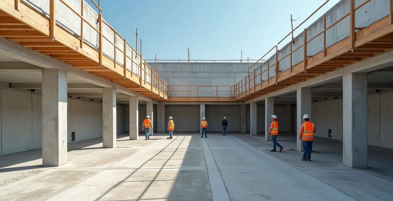 Vue d'ensemble d'un chantier montrant le démontage progressif des pinces dalles avec l'avancement du façadier