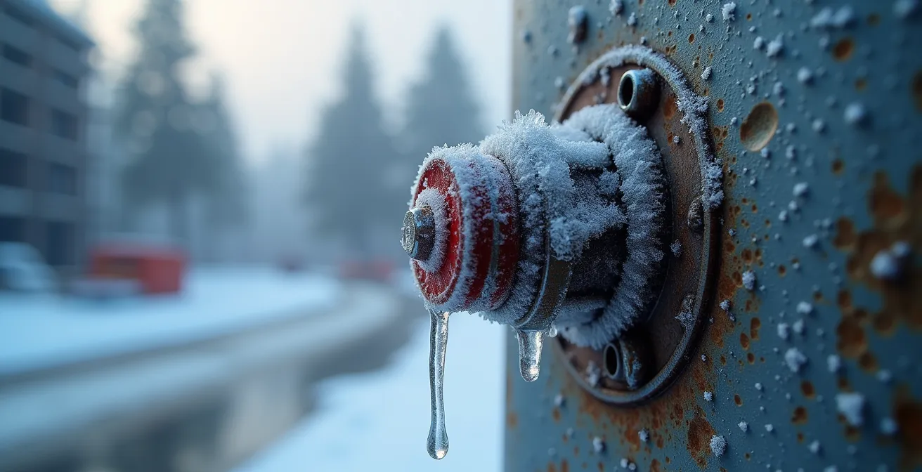 Extincteur endommagé par le gel sur un chantier en hiver avec cristaux de glace