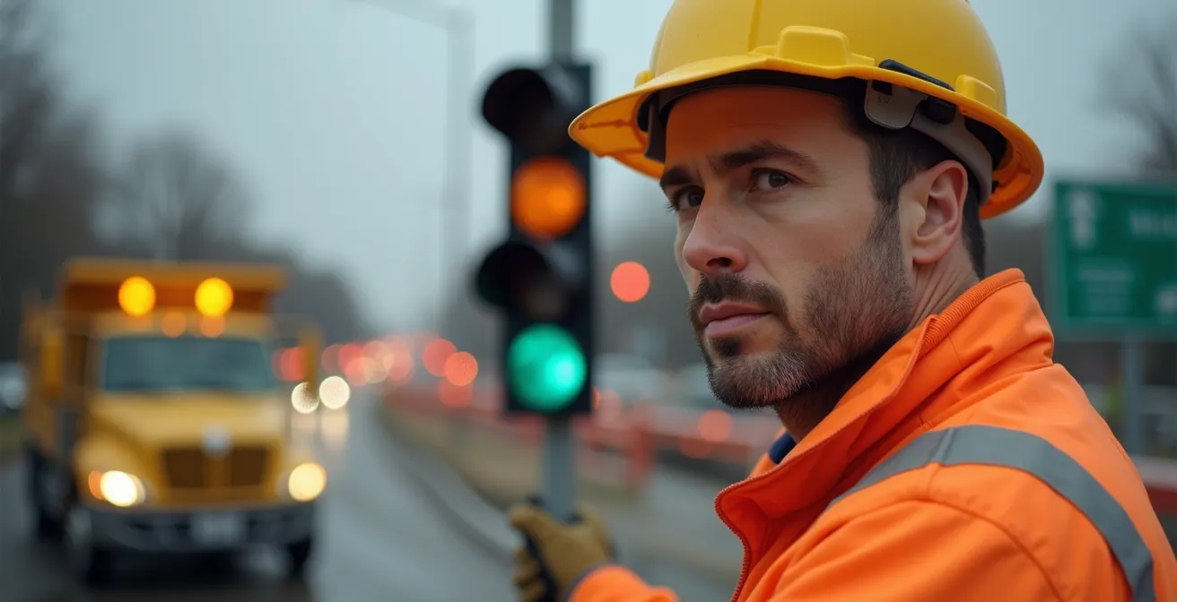 Installation de feux tricolores temporaires sur un chantier avec circulation alternée