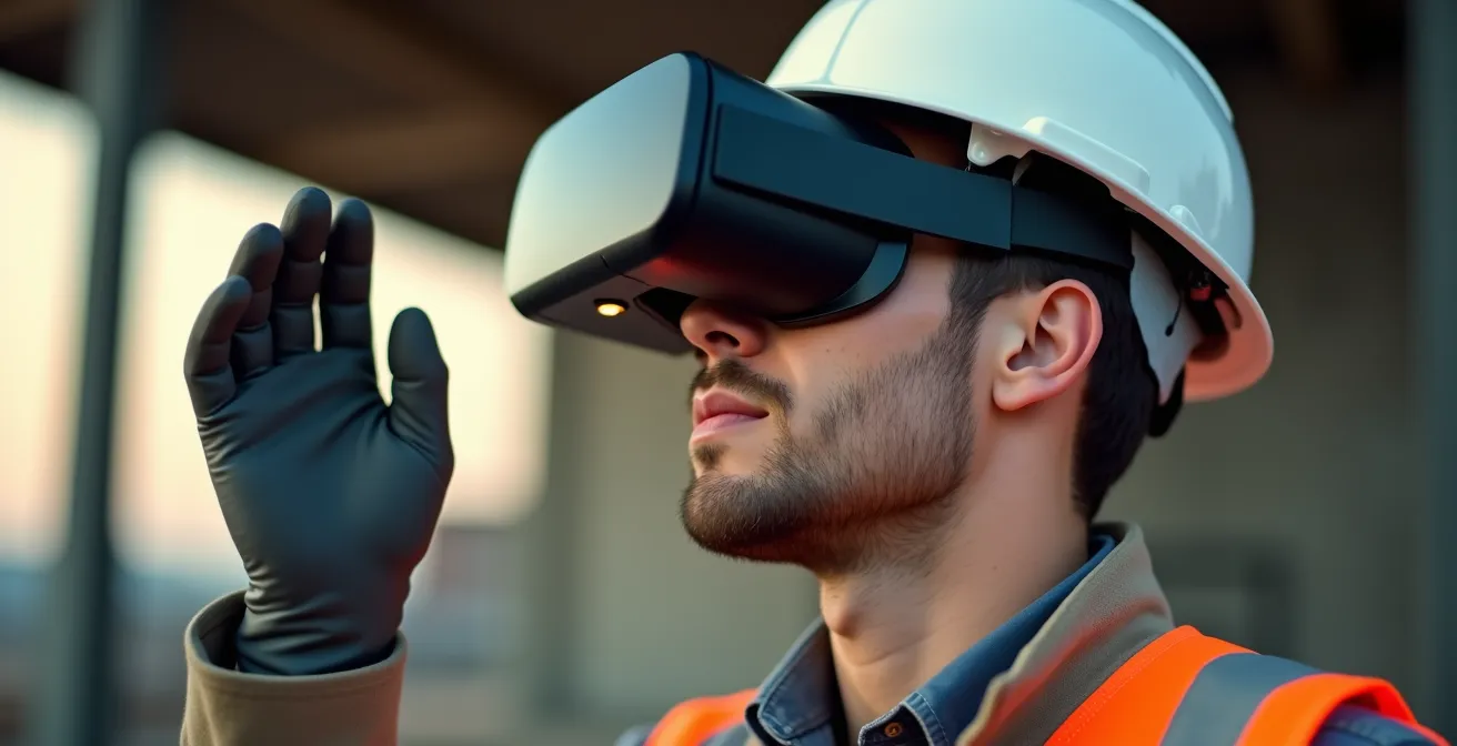 Ouvrier portant un casque de réalité virtuelle dans un environnement de formation sécurité
