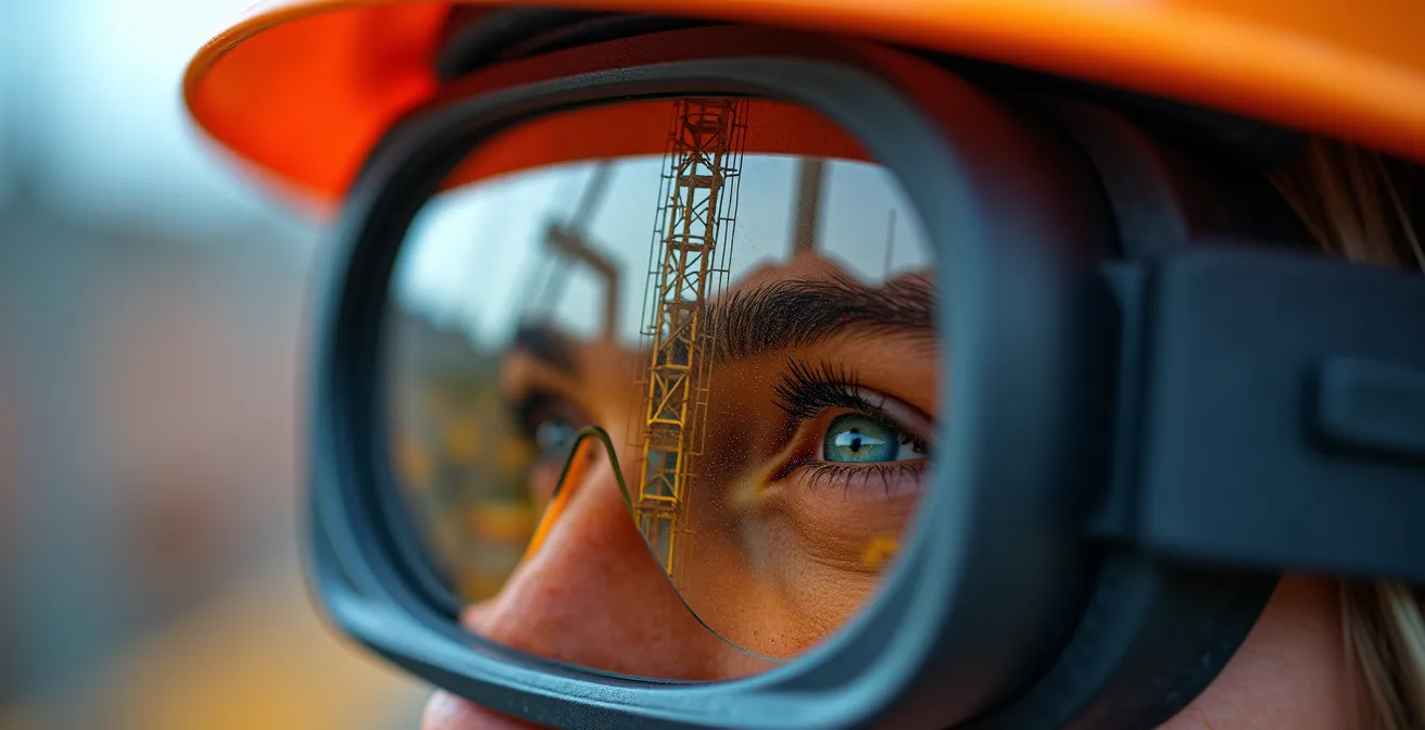 Détail macro d'un casque VR avec reflets d'environnement de chantier virtuel