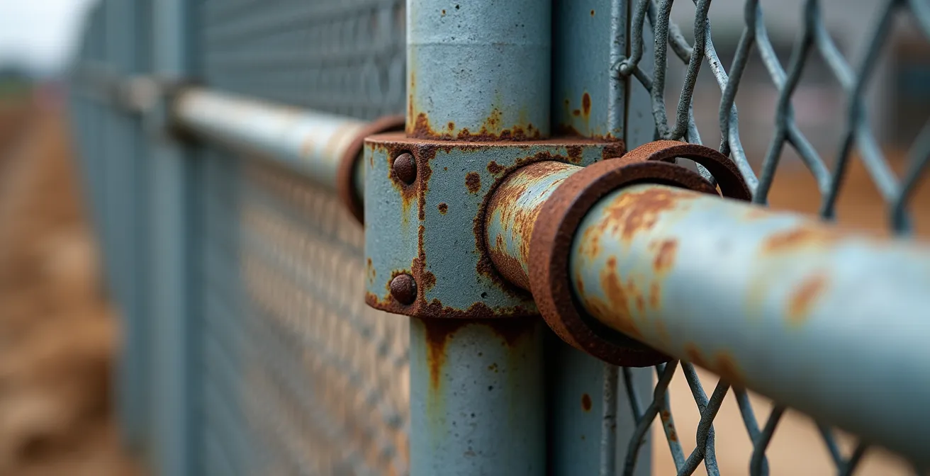 Détail macro de colliers anti-vandalisme sur jonction de barrières de chantier