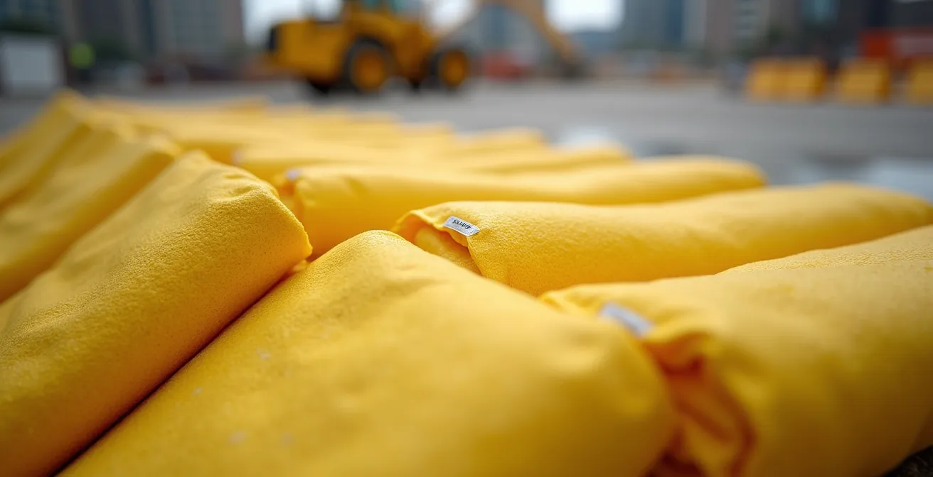 Kit anti-pollution professionnel avec boudins absorbants et feuilles de dépollution disposés autour d'une cuve