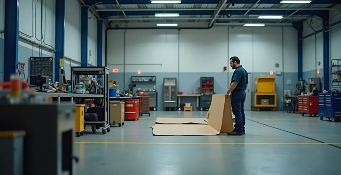 Technicien utilisant un carton pour détecter une fuite sur un circuit hydraulique