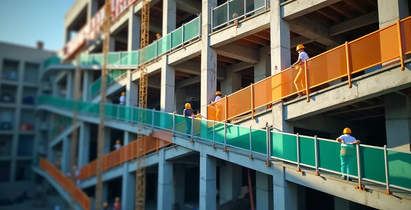 Modélisation 3D d'un bâtiment en construction avec garde-corps colorés selon les phases