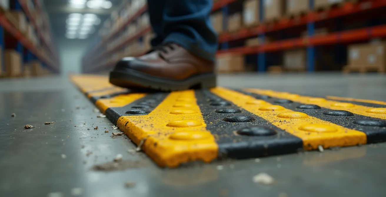 Gros plan sur revêtement podotactile jaune et noir avec texture en relief pour alerte tactile