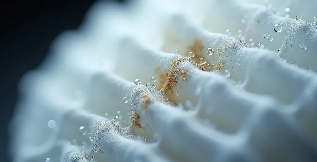 Vue macro d'un masque FFP3 saturé montrant les fibres du filtre colmatées par l'humidité