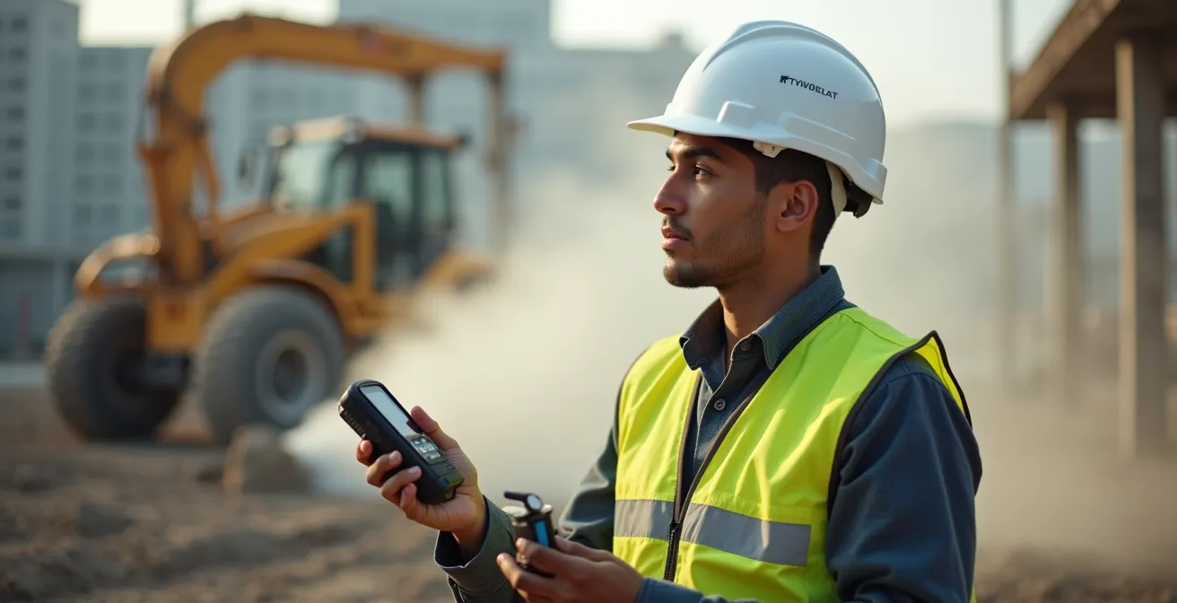 Technicien effectuant une mesure d'empoussièrement avec un capteur portable sur chantier