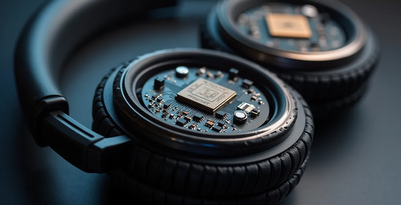 Visualisation macro des composants électroniques d'un casque antibruit avec système de modulation sonore