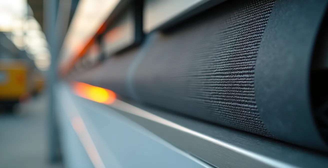 Vue détaillée d'une trémie obturée avec bâche ignifugée et panneaux métalliques dans un environnement de chantier