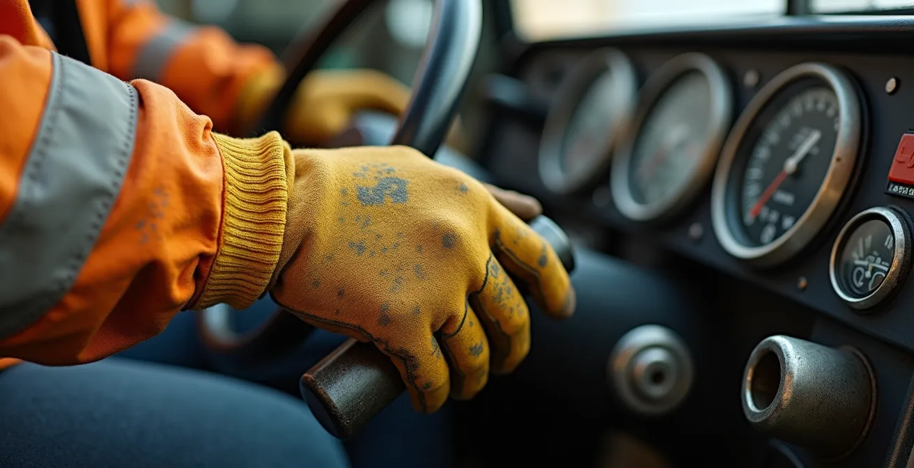 Vue rapprochée des mains d'un opérateur sur les commandes hydrauliques d'une foreuse