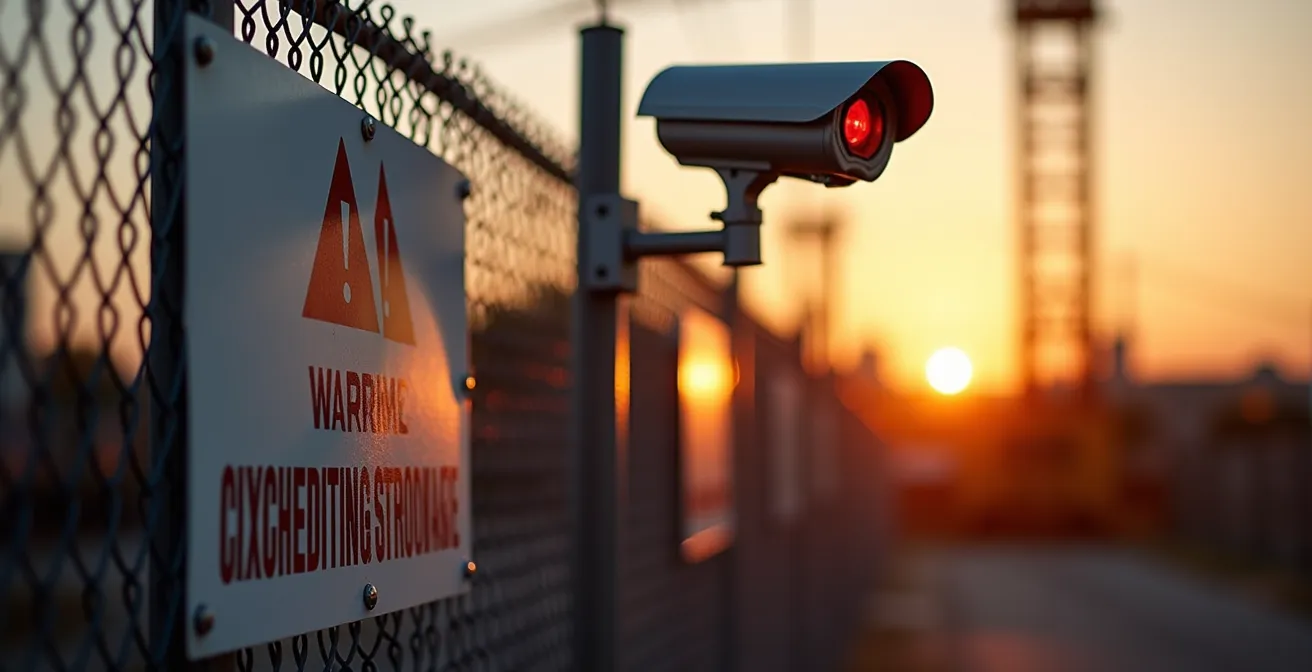 Panneau de sécurité et dispositif de surveillance sur clôture de chantier au crépuscule