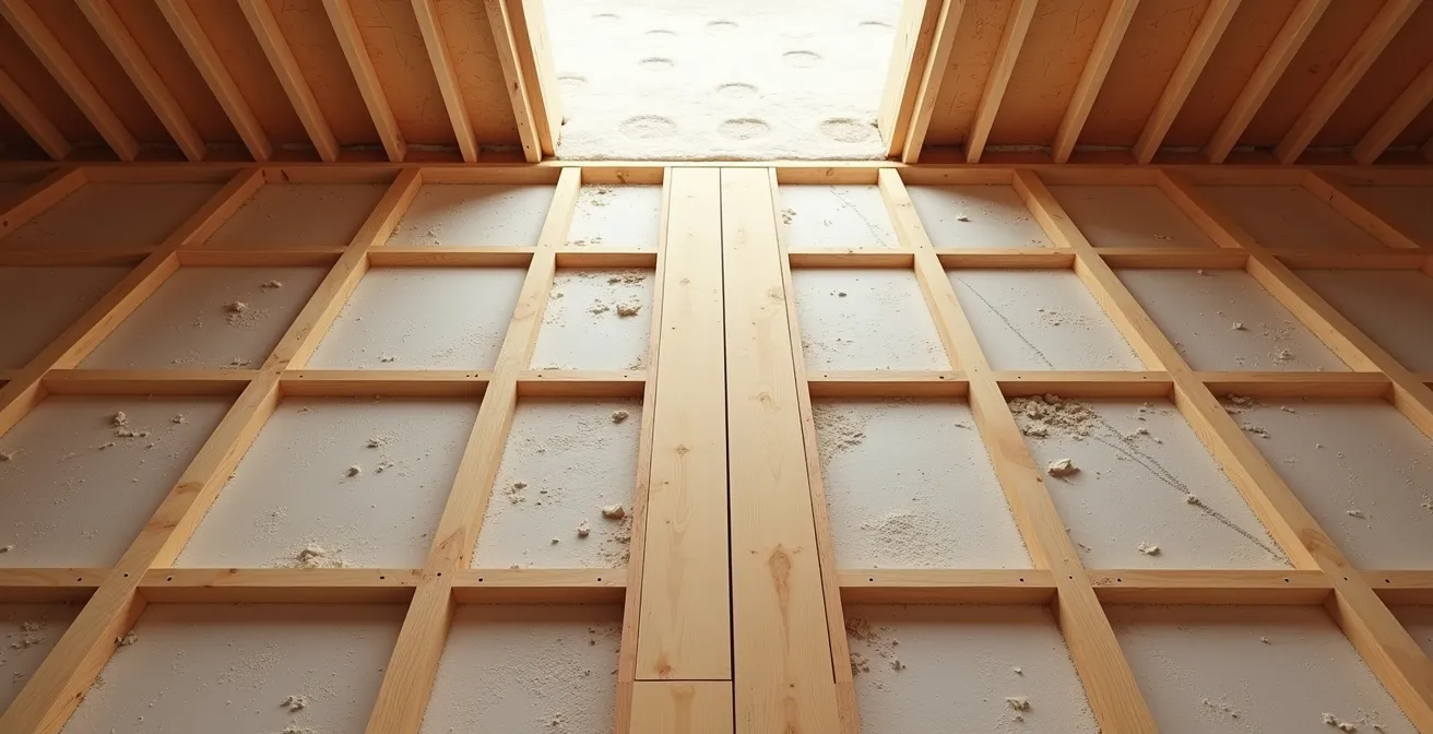 Vue plongeante d'un plancher de combles avec solives et planches de circulation temporaires