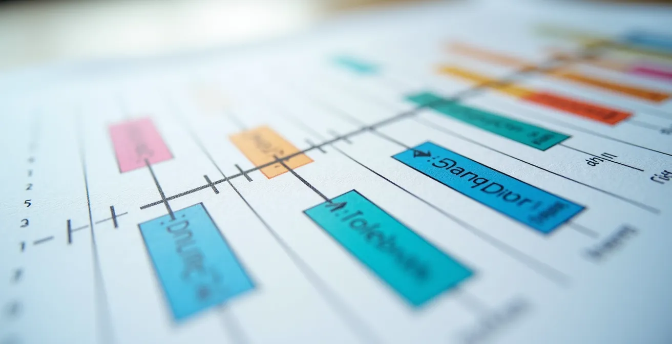 Vue macro d'un écran affichant un diagramme de Gantt coloré pour planning chantier