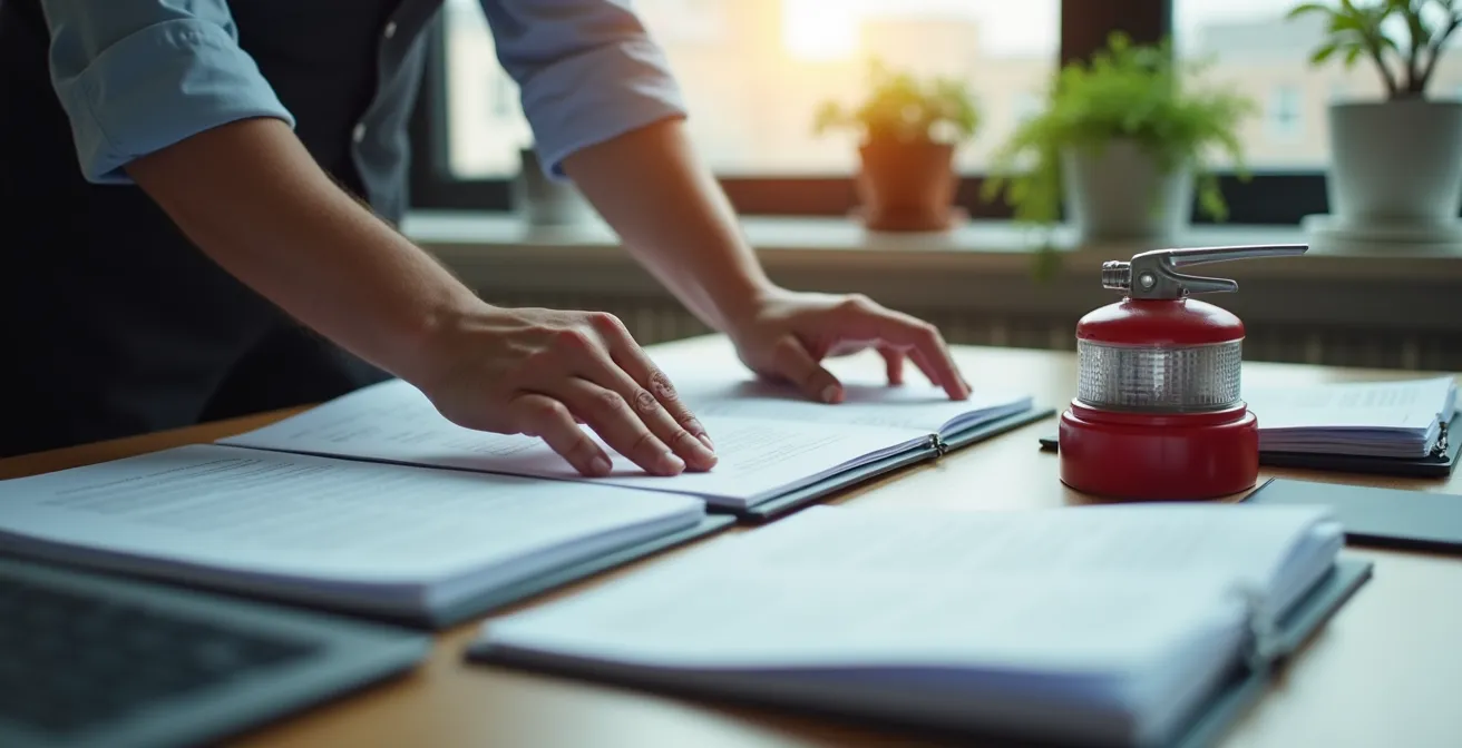 Professionnel organisant les documents de sécurité avant une visite de commission