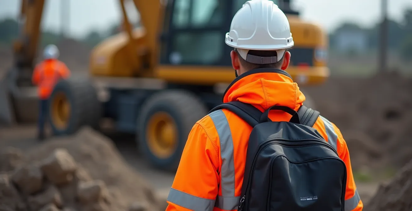Travailleur vu de dos avec sac à dos masquant les bandes rétro-réfléchissantes de sa veste haute visibilité