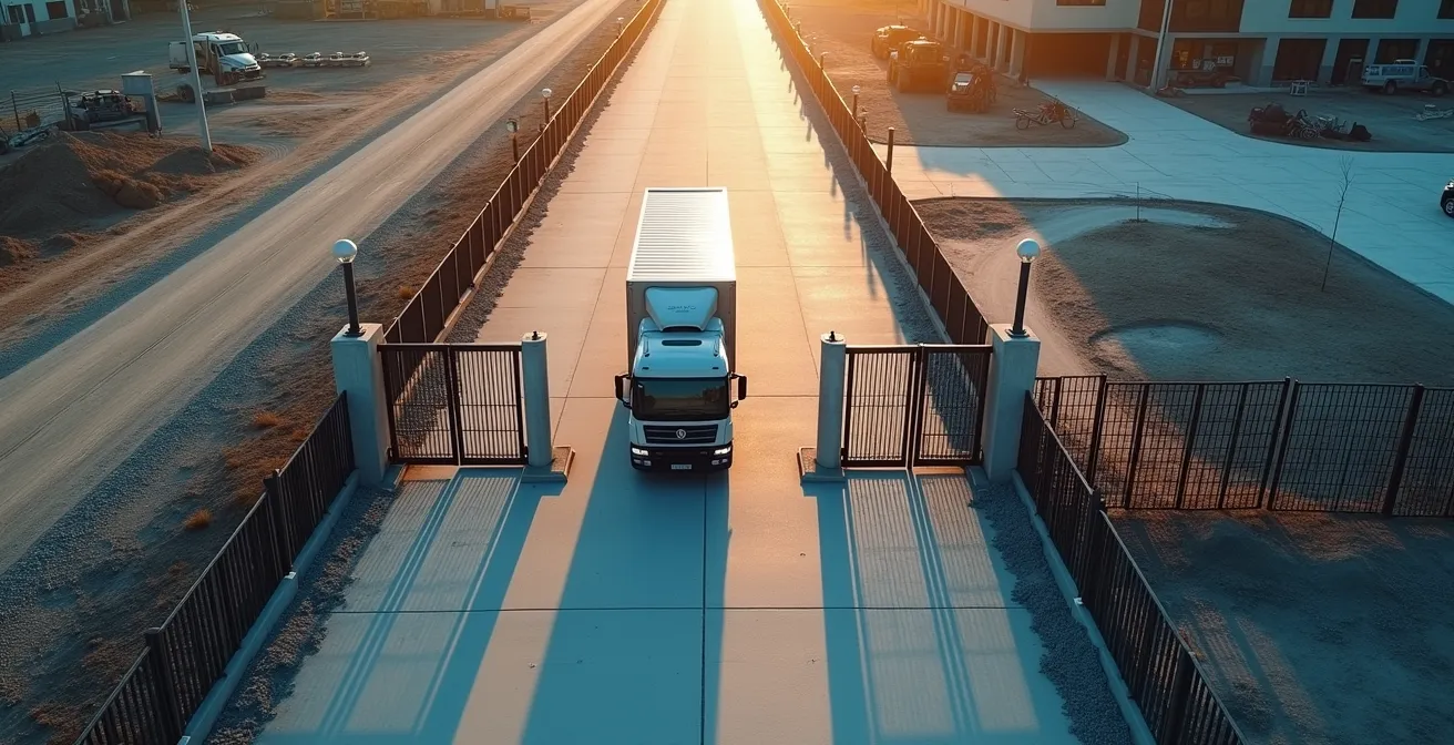 Vue aérienne d'un sas de sécurité avec double portail sur chantier