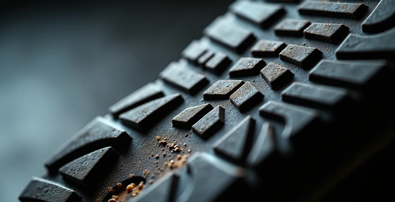 Gros plan sur une semelle de chaussure de sécurité montrant les crampons et canaux d'évacuation