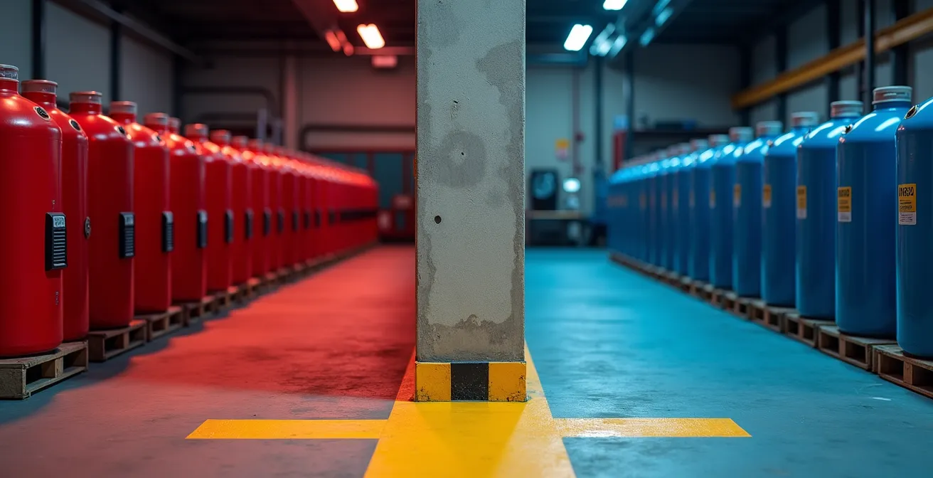 Vue en coupe d'un local de stockage montrant la séparation physique entre produits incompatibles