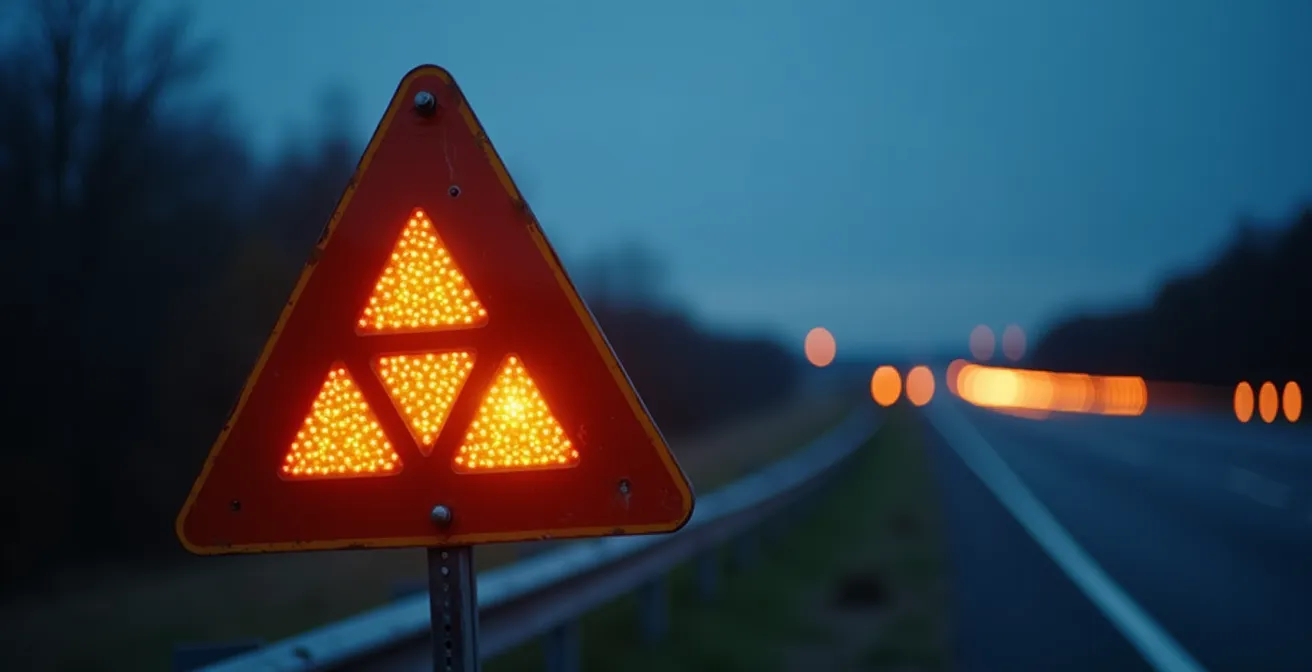 Panneau de signalisation temporaire AK5 avec feu clignotant positionné en amont d'un chantier autoroutier de nuit