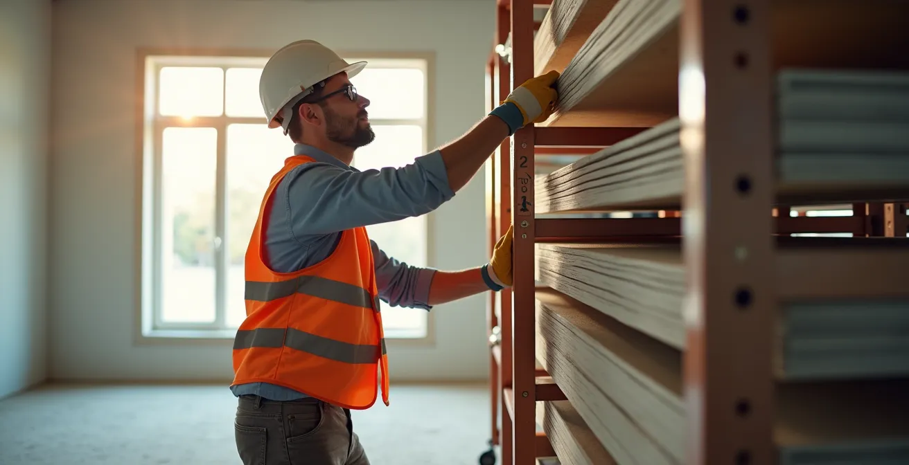 Système de stockage vertical avec racks mobiles pour plaques de plâtre sur un chantier