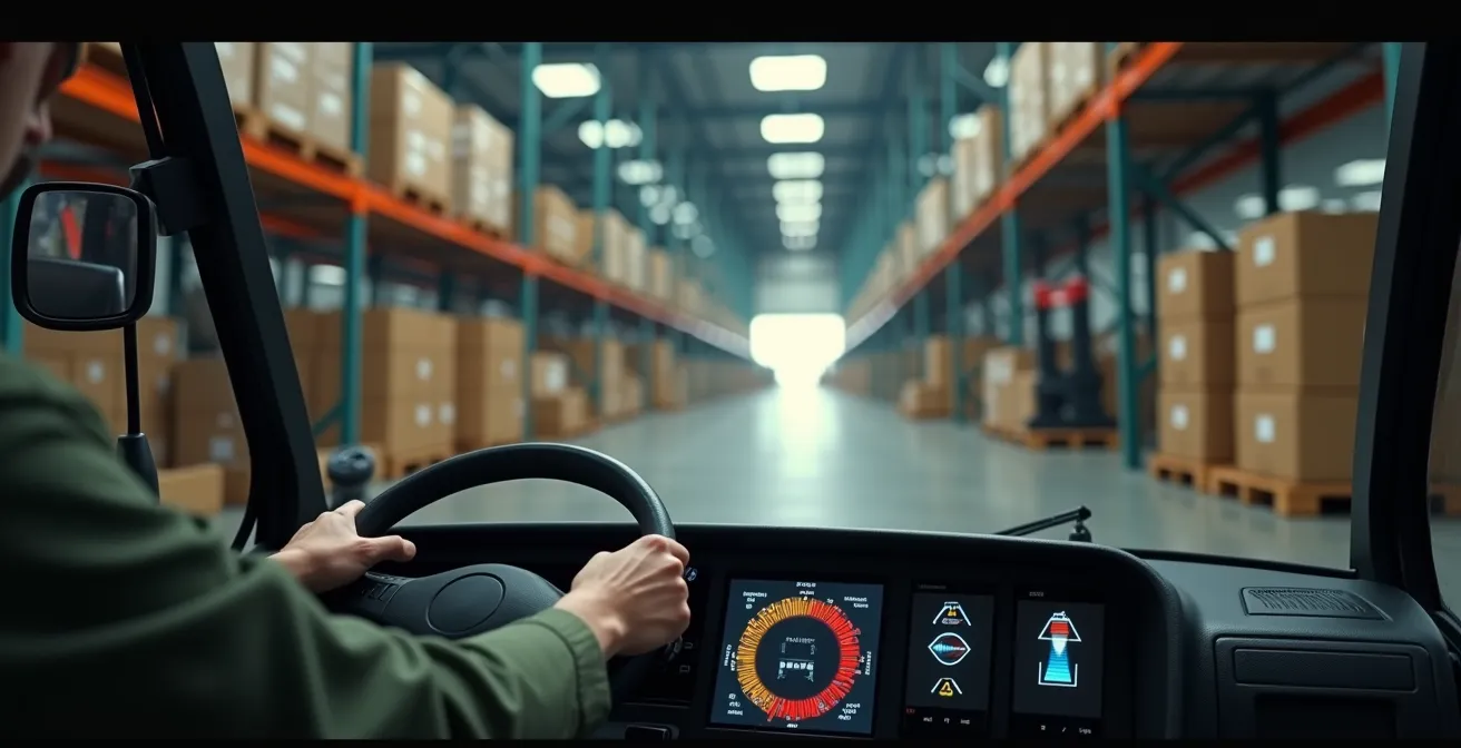 Vue intérieure cabine chariot élévateur avec écran télématique affichant données de sécurité