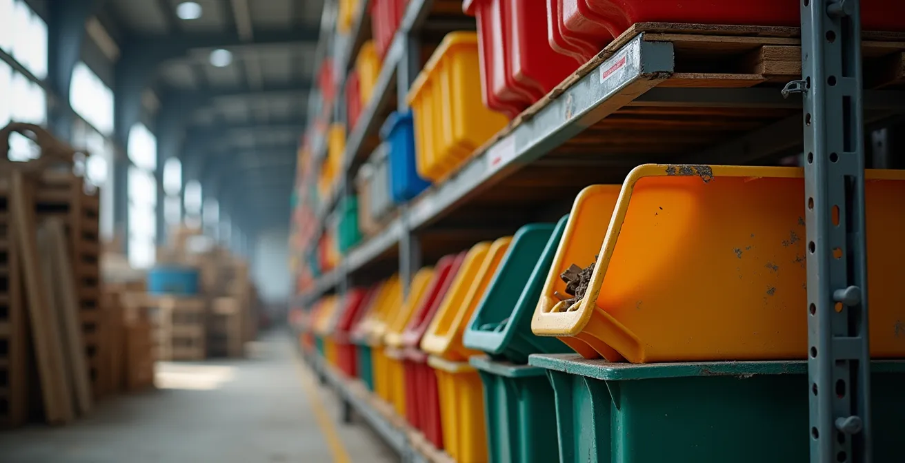 Système de rack vertical avec big-bags superposés pour tri des déchets sur chantier urbain