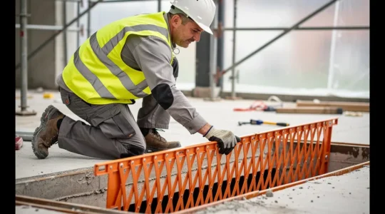 Technicien BTP déployant une barrière extensible orange près d'une trémie sur chantier de construction